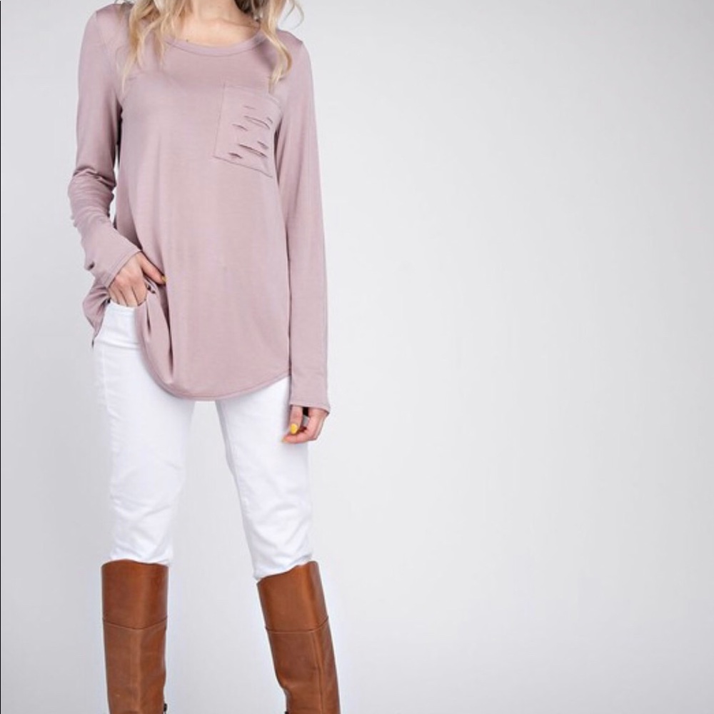 Distressed pocket long sleeve top